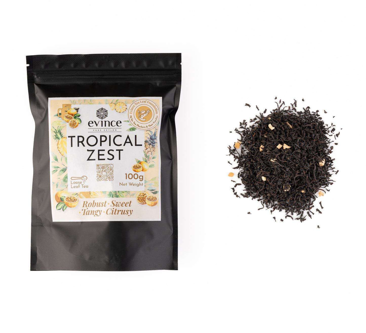 Bright black tea with pineapple, passion fruit, and lemon peel with its pack on a white background