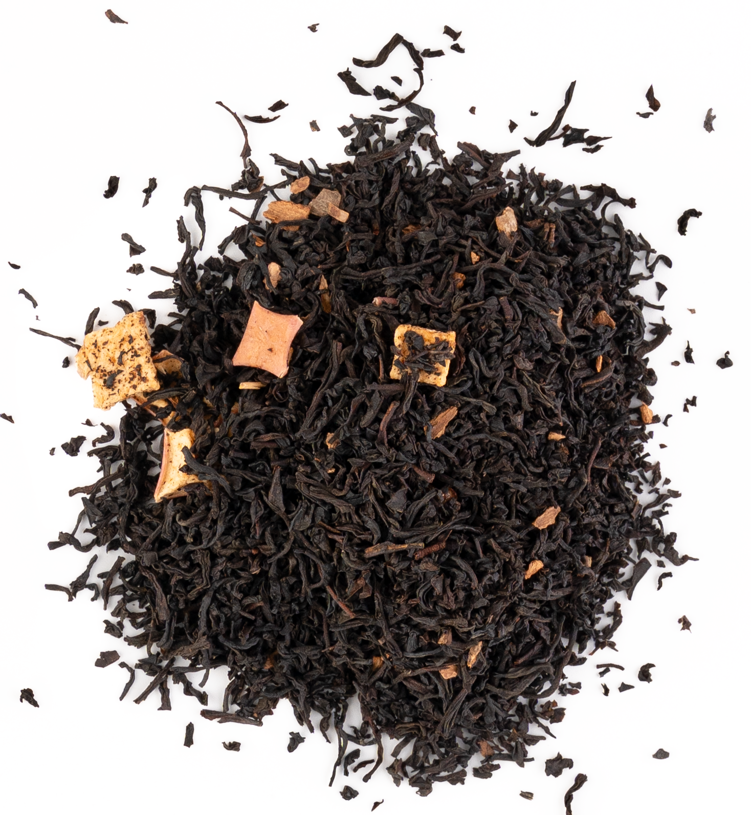 Warm Ceylon black tea with cinnamon and apple pieces on a white background