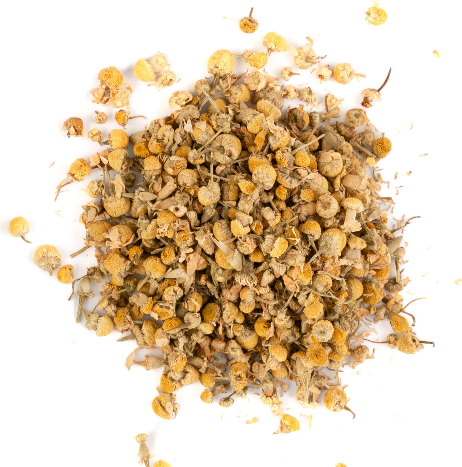 Loose leaf chamomile tea with dried blossoms displayed on a white background
