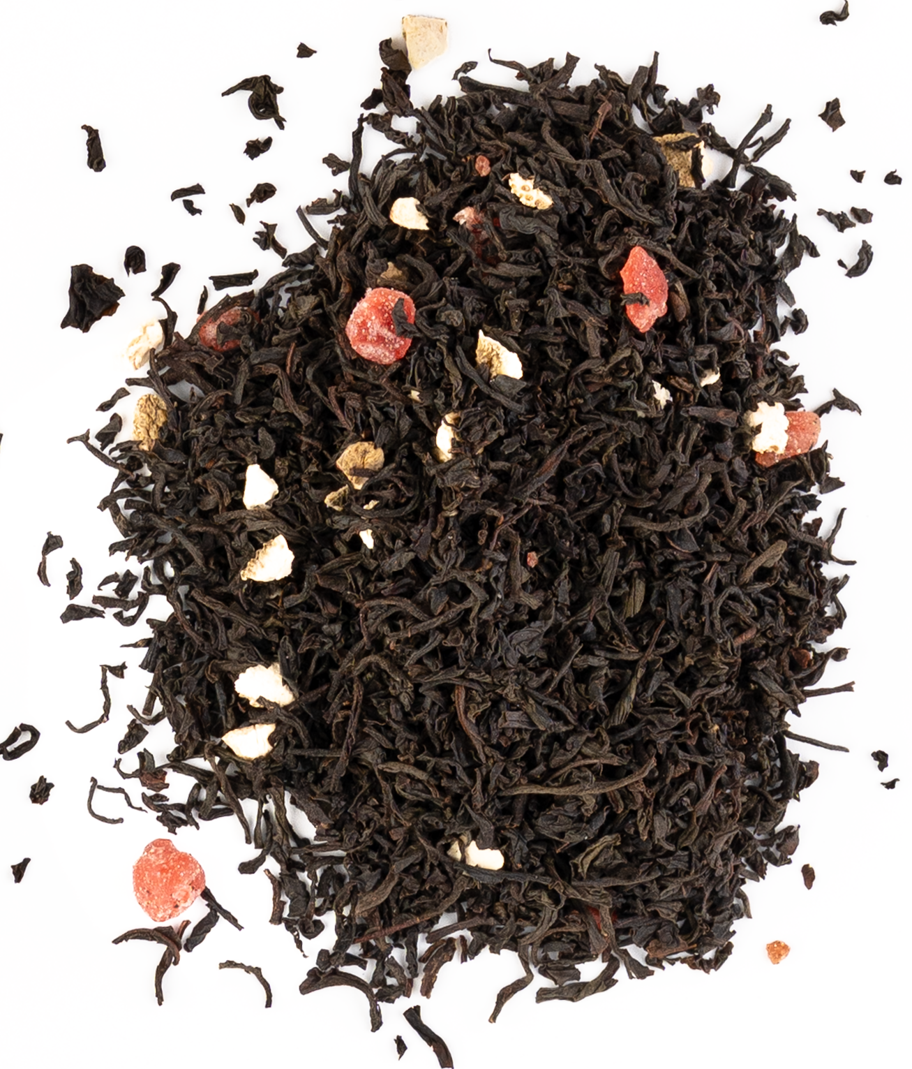 cherry refresher tea with loose leaf blend and cherry dice on a white background