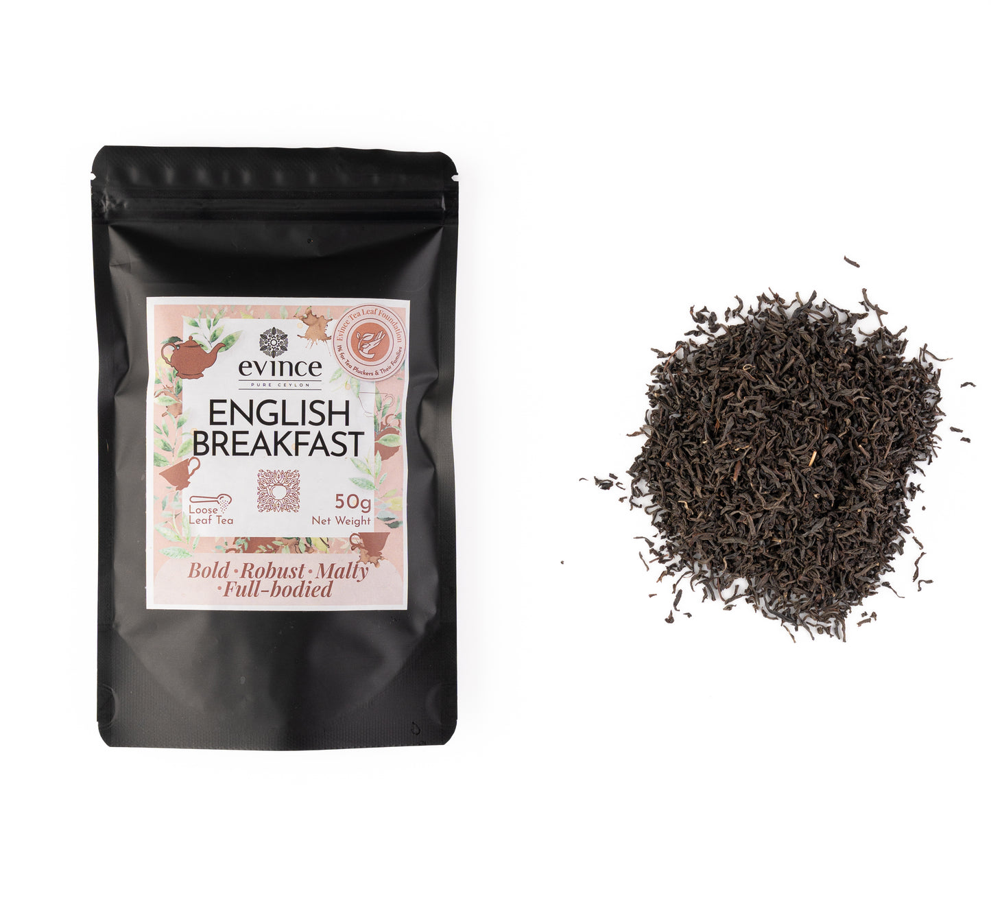 English Breakfast tea with loose leaf blend and its pack on a white background