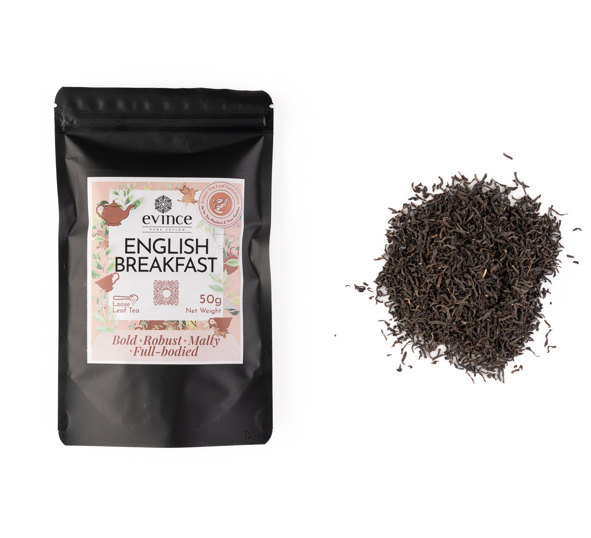 English Breakfast tea with loose leaf blend and its pack on a white background