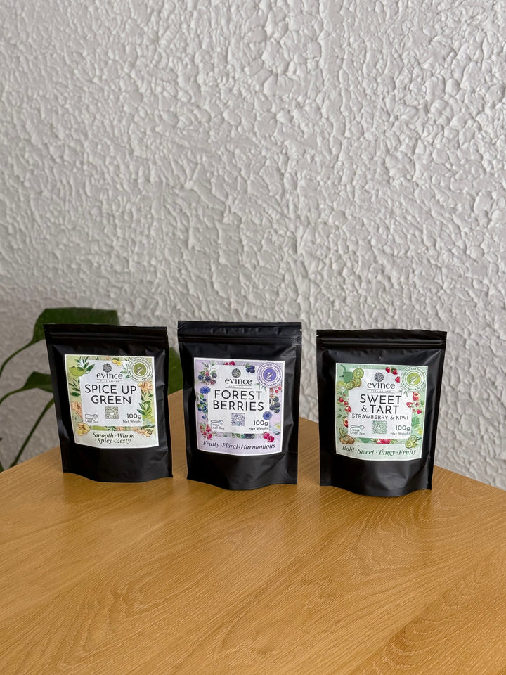Evince fruity tea collection on a table against the white wall