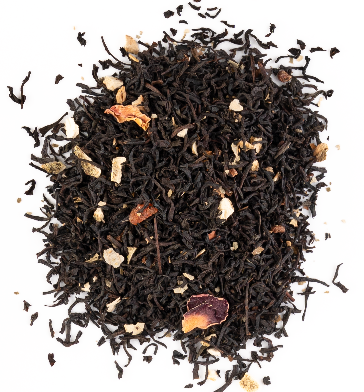 Vibrant berry-infused tea with hibiscus, elderberries, and rosehips on a white background
