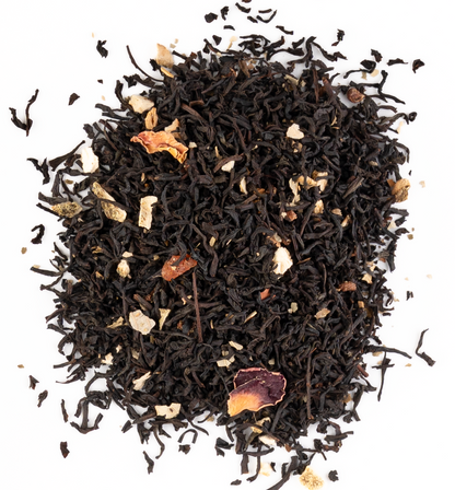 Vibrant berry-infused tea with hibiscus, elderberries, and rosehips on a white background