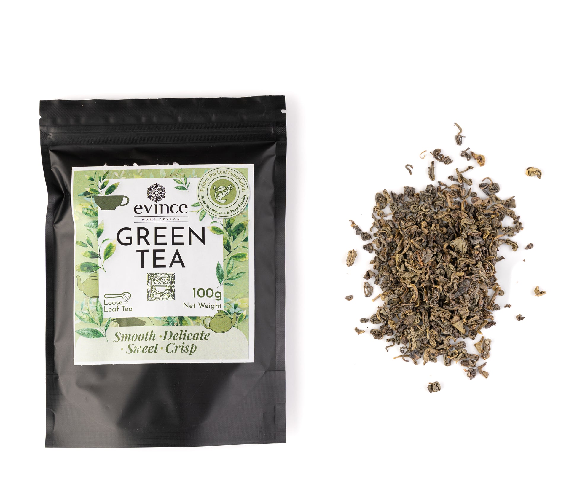 Loose leaf  Green tea and its pack on a white background