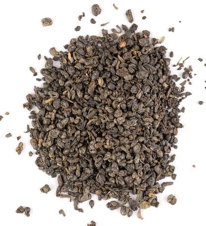 Rolled Ceylon Gunpowder green tea leaves on a white background