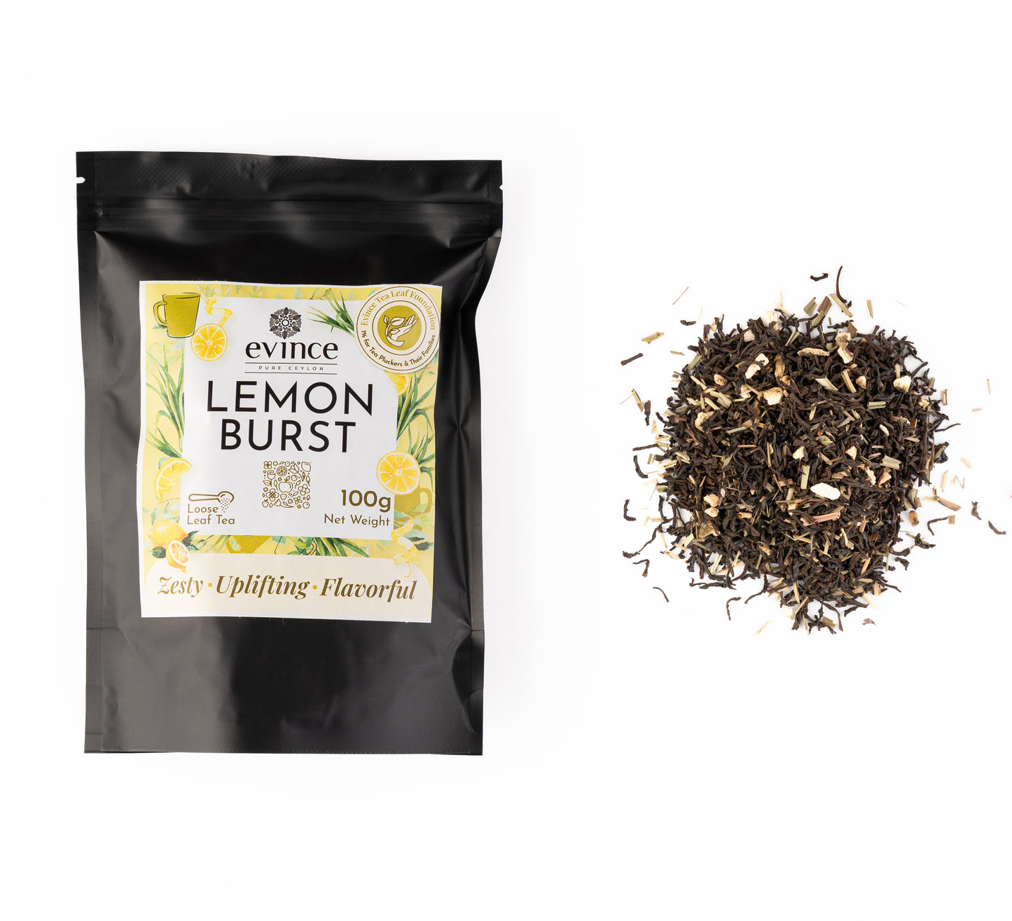Zesty lemon-infused green tea with lemongrass and citrus peel with its pack on a white background