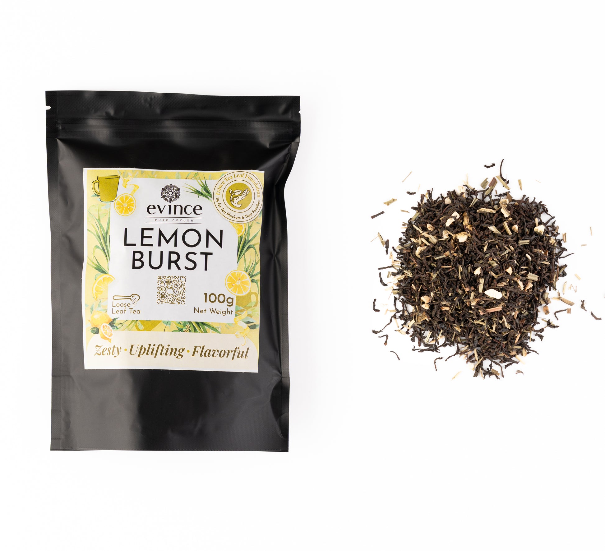 Zesty lemon-infused green tea with lemongrass and citrus peel with its pack on a white background