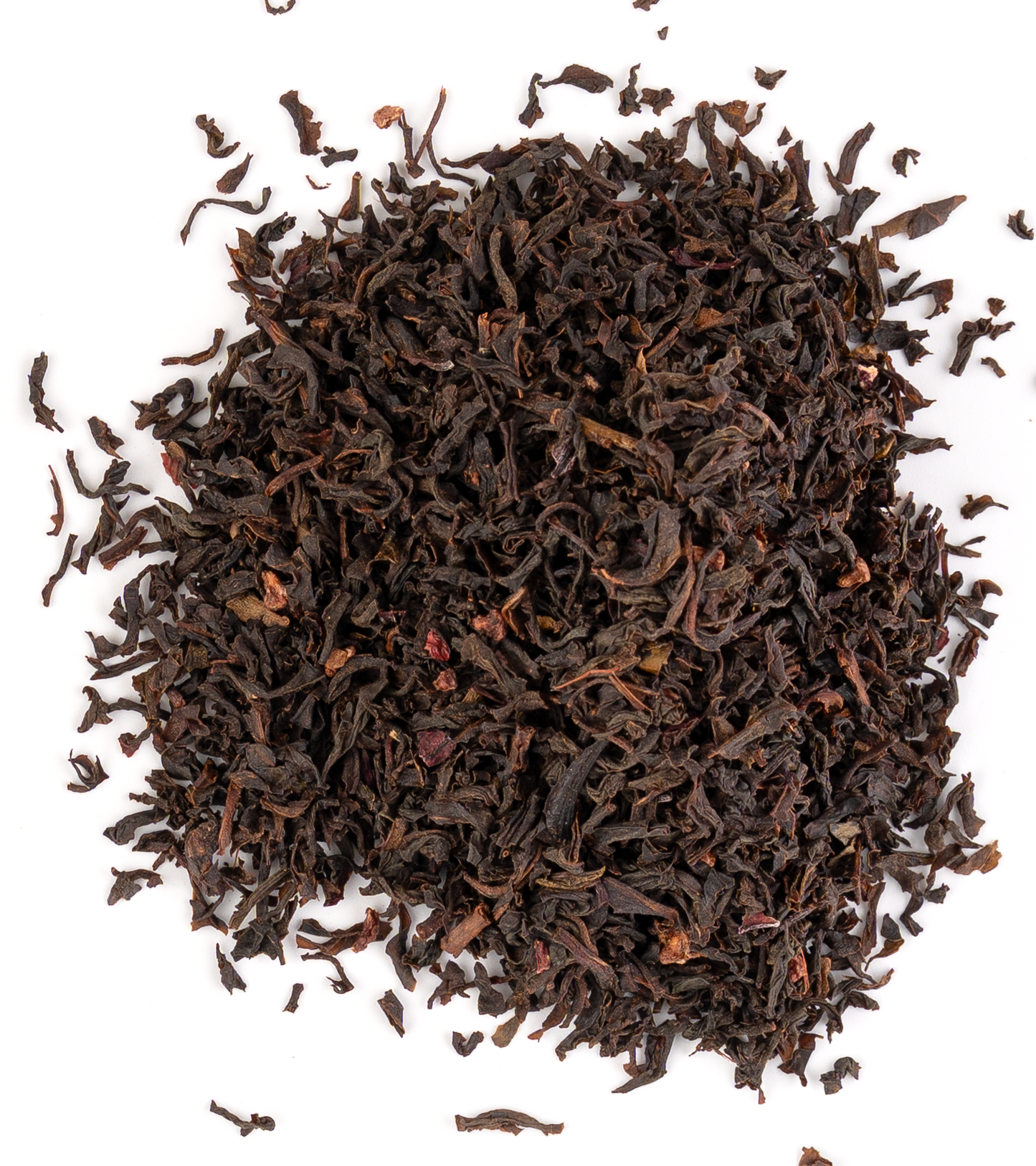 Romantic herbal tea blend with rose petals, hibiscus, and Ceylon green tea on a white background