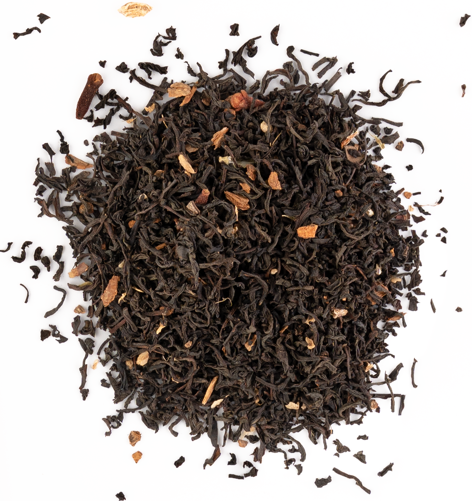 Aromatic Ceylon black tea with whole spices like cinnamon, cardamom, and cloves on a white background