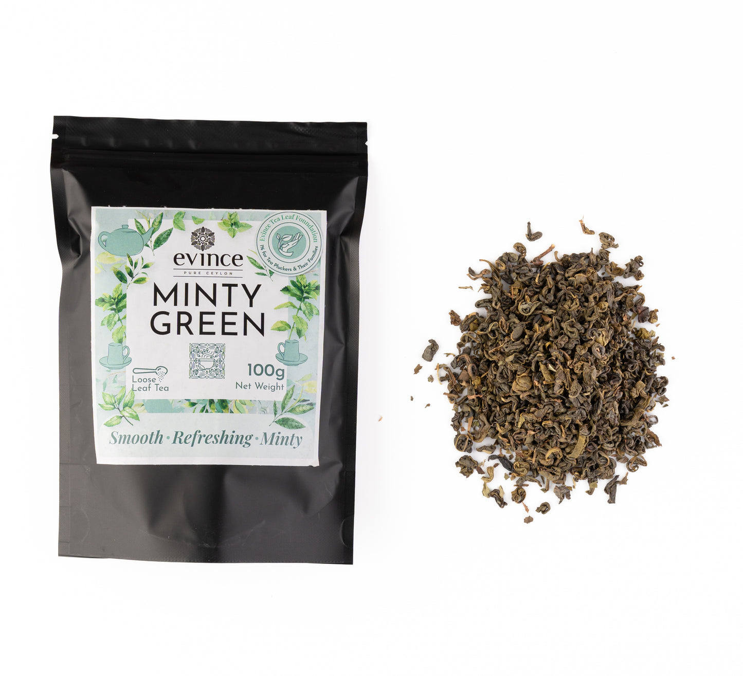 Loose leaf Minty Green tea with spearmint and lemongrass and its pack on a white background