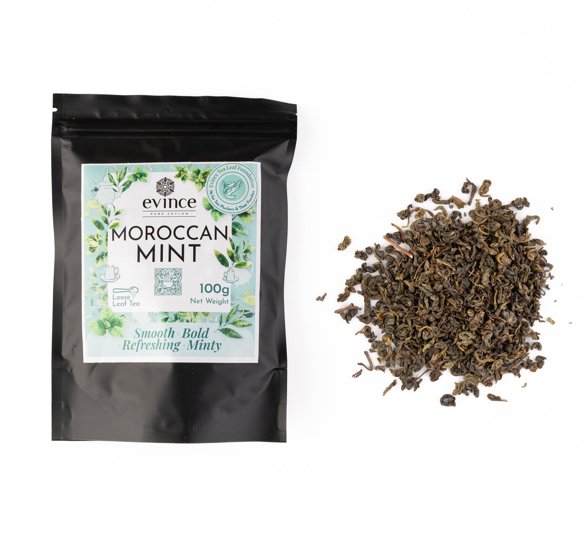 Loose leaf green tea blended with fresh mint leaves and its pack on a white bakground