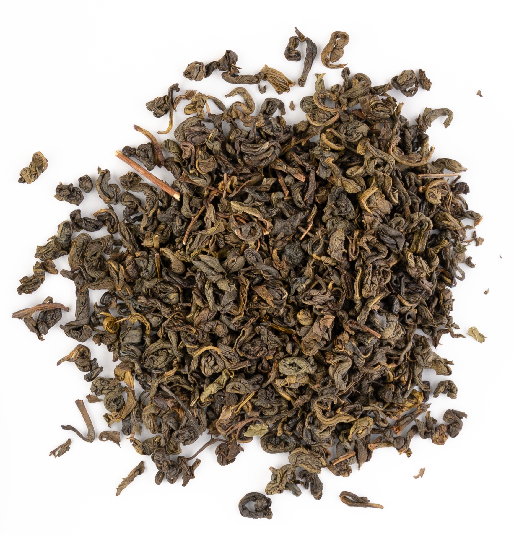 Loose leaf green tea blended with fresh mint leaves on a white background