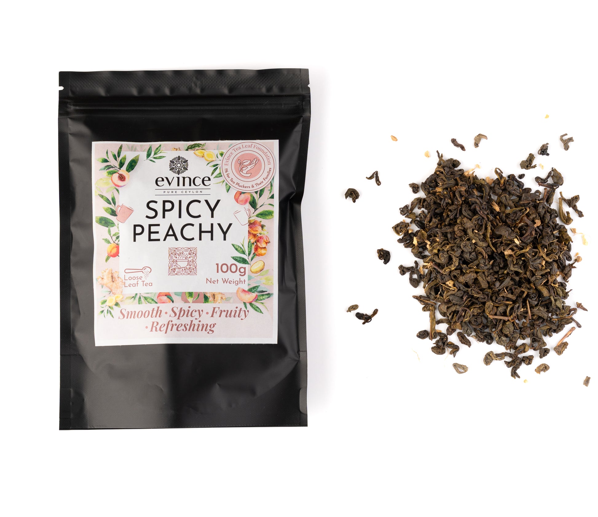 Ceylon green tea blend with dried peach and ginger and its pack on a white background