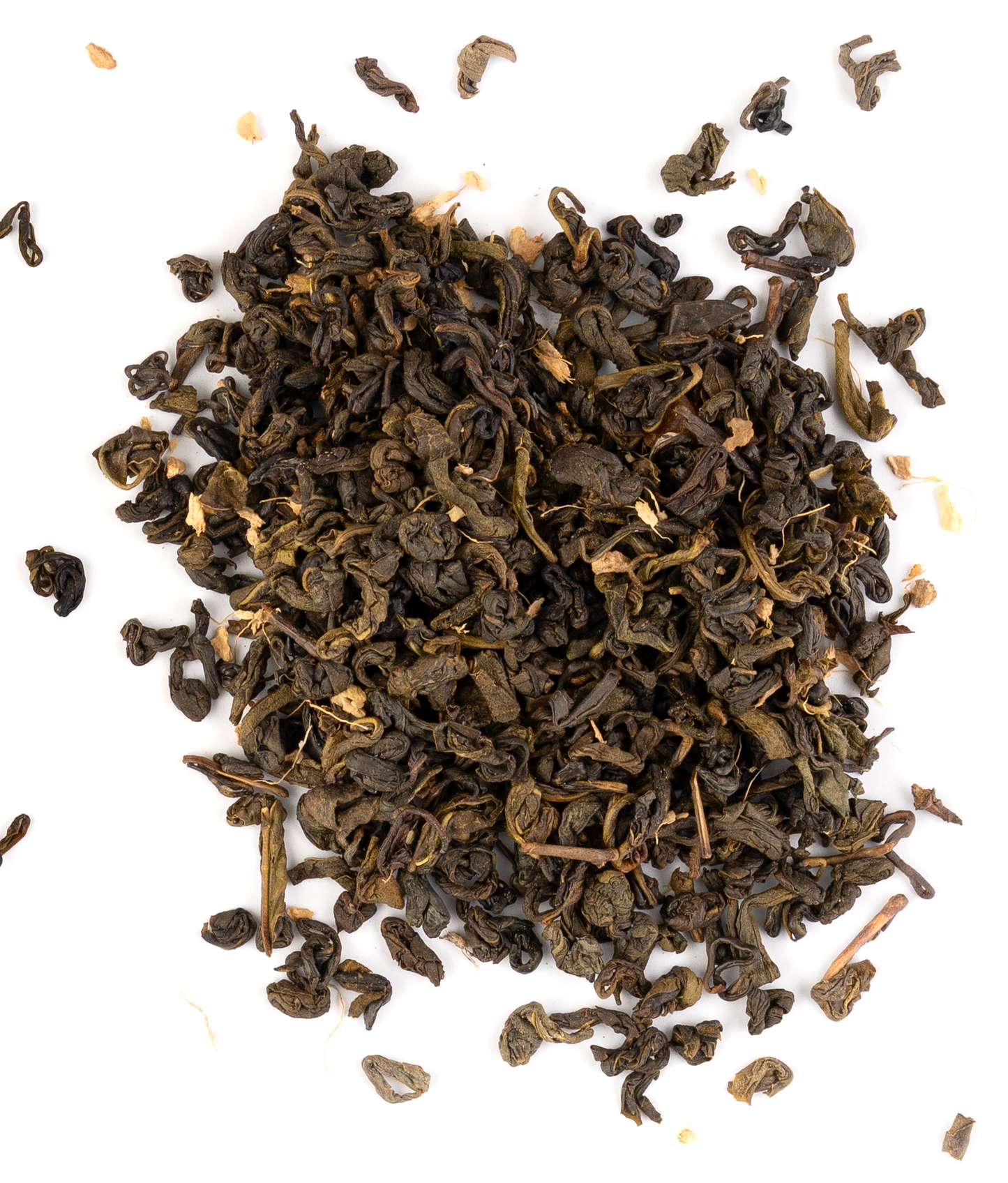 Ceylon green tea blend with dried peach and ginger on a white background.