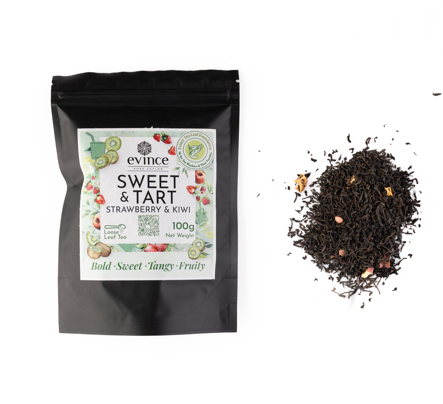 Bright red hibiscus tea with dried berries and petals and its pack on a white background