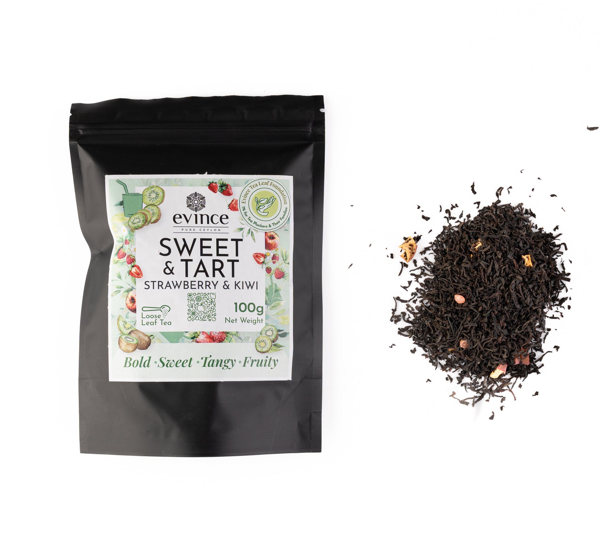Bright red hibiscus tea with dried berries and petals and its pack on a white background