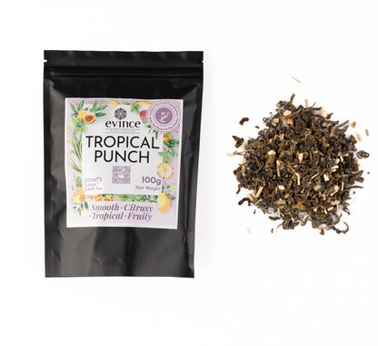 Fruity green tea with mango, pineapple, and passion fruit with its pack on a white background