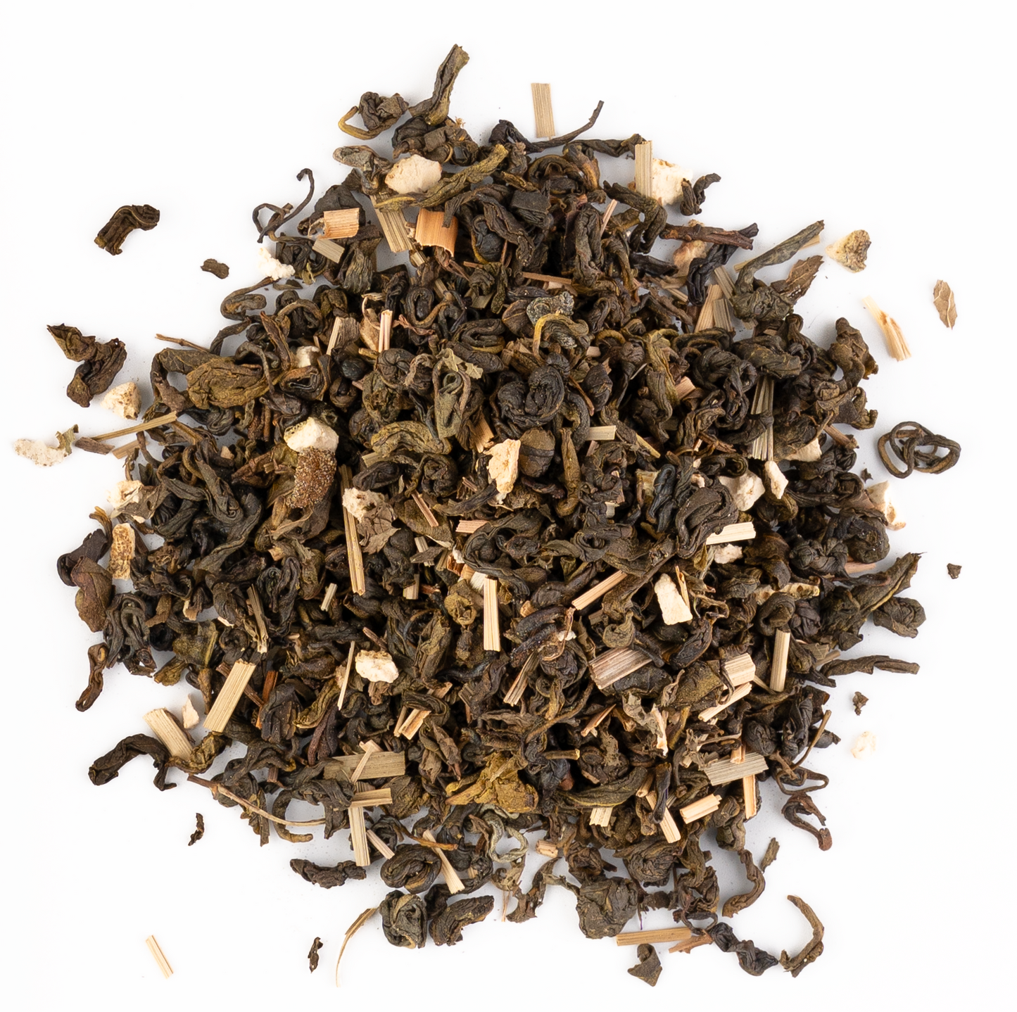 Fruity green tea with mango, pineapple, and passion fruit on a white background