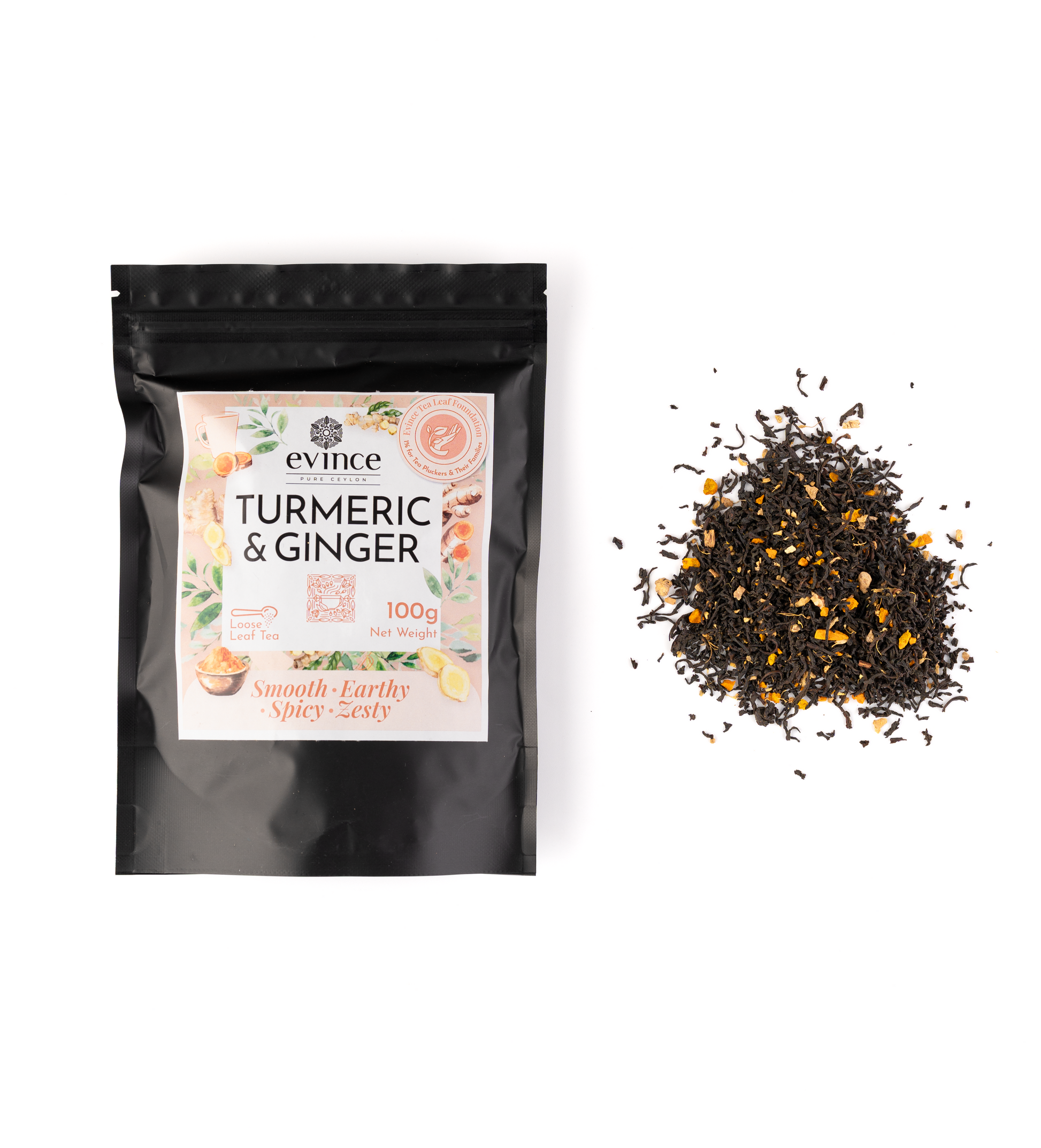 golden turmeric and ginger tea with its pack on a white background