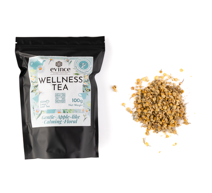 Wellness tea pack with chamomile flowers on a white background